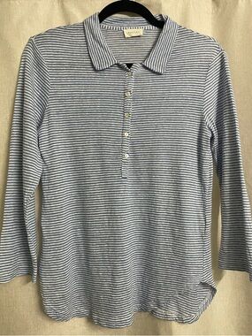 Poetry 100% linen Light Blue & White Striped Long-Sleeve Polo Shirt